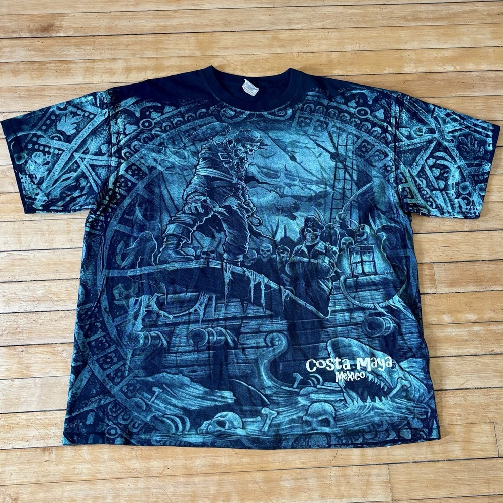 VTG Skull Shark Pirate T-Shirt AOP Two Sided Mexico Rare Size 2XL Baggy Skater